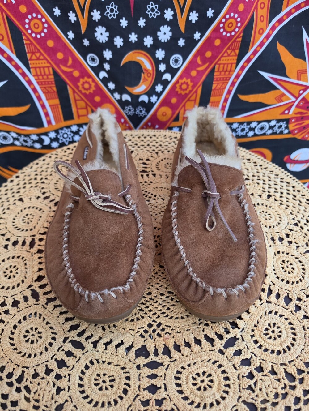 L.L.Bean Wicked Good Moccasin Slippers Brown Sheepskin Suede M11.5 W12
